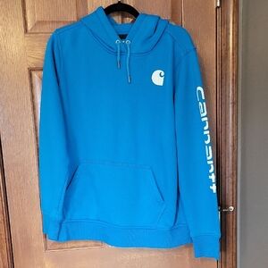 Carhartt Blue Hoodie with White Logo and Sleeve Text